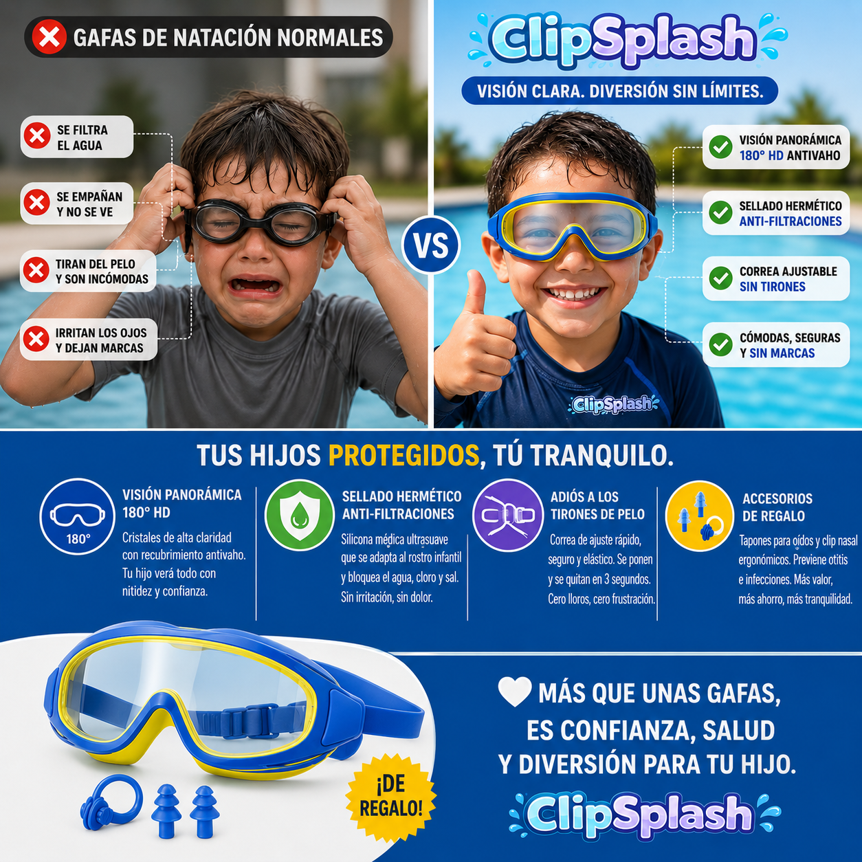 ClipSplash- Gafas de Buceo-Sin tirones y no se empañan